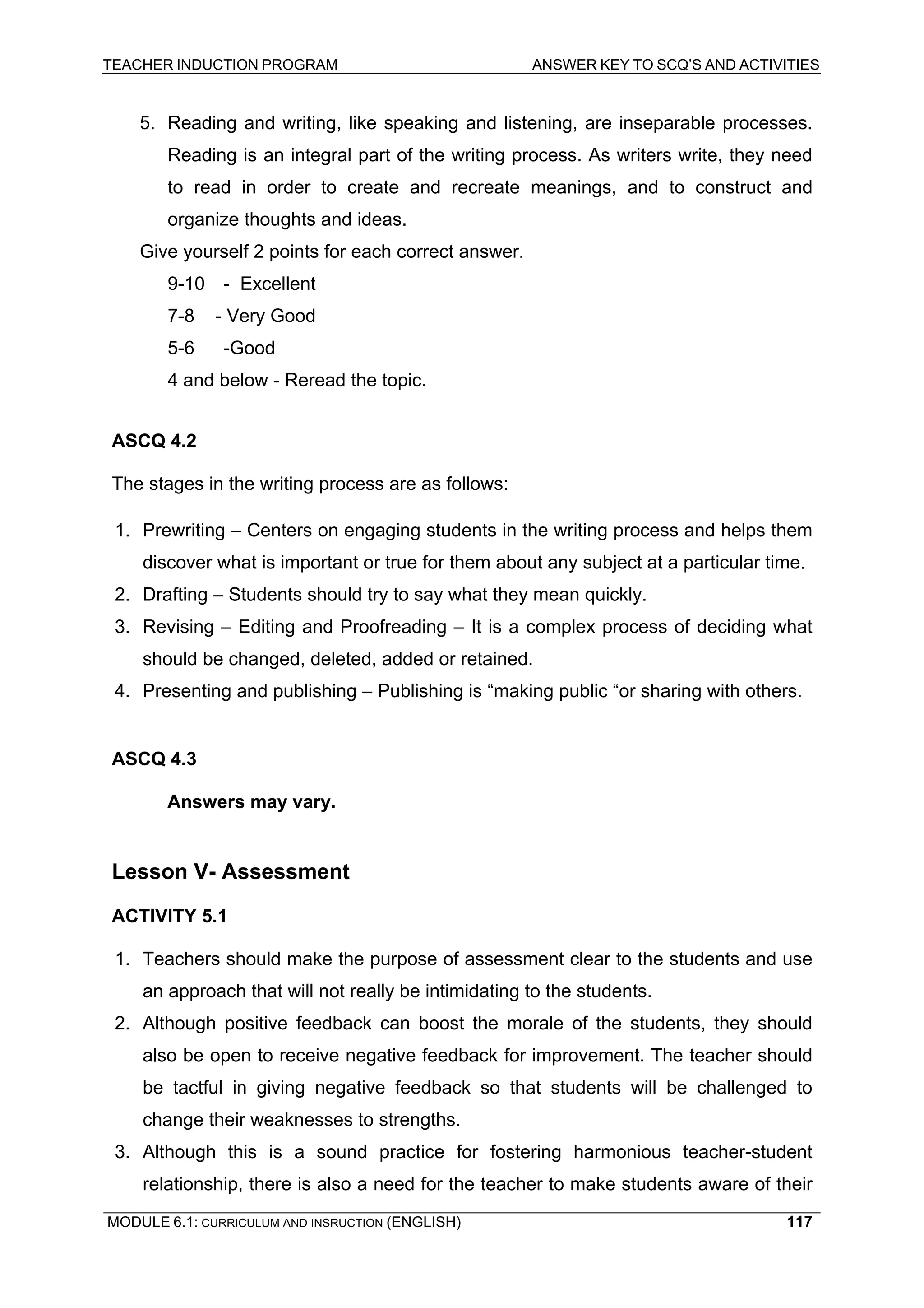 TEACHER INDUCTION PROGRAM ANSWER KEY TO SCQ’S AND ACTIVITIES 
5. Reading and writing, like speaking and listening, are inseparable processes. Reading is an integral part of the writing process. As writers write, they need to read in order to create and recreate meanings, and to construct and organize thoughts and ideas. 
Give yourself 2 points for each correct answer. 
9-10 - Excellent 
7-8 - Very Good 
5-6 - 
Good 
4 a 
nd below - Reread the topic. 
ASCQ 4.2 
The stages in the writing process are as follows: 
1. Prewriting – Centers on engaging students in the writing process and helps them discover what is important or true for them about any subject at a particular time. 
2. Drafting – Students should try to say what they mean quickly. 
3. Revising – Editing and Proofreading – It is a complex process of deciding what should be changed, deleted, added or retained. 
4. Presenting and publishing – Publishing is “making public “or sharing with others. 
ASCQ 4.3 
A 
nswers may vary. 
Lesson V- Assessment 
ACTIVITY 5.1 
1. Teachers should make the purpose of assessment clear to the students and use an approach that will not really be intimidating to the students. 
2. Although positive feedback can boost the morale of the students, they should also be open to receive negative feedback for improvement. The teacher should be tactful in giving negative feedback so that students will be challenged to change their weaknesses to strengths. 
3. Although this is a sound practice for fostering harmonious teacher-student relationship, there is also a need for the teacher to make students aware of their 
MODULE 6.1: CURRICULUM AND INSRUCTION (ENGLISH) 
117 
 