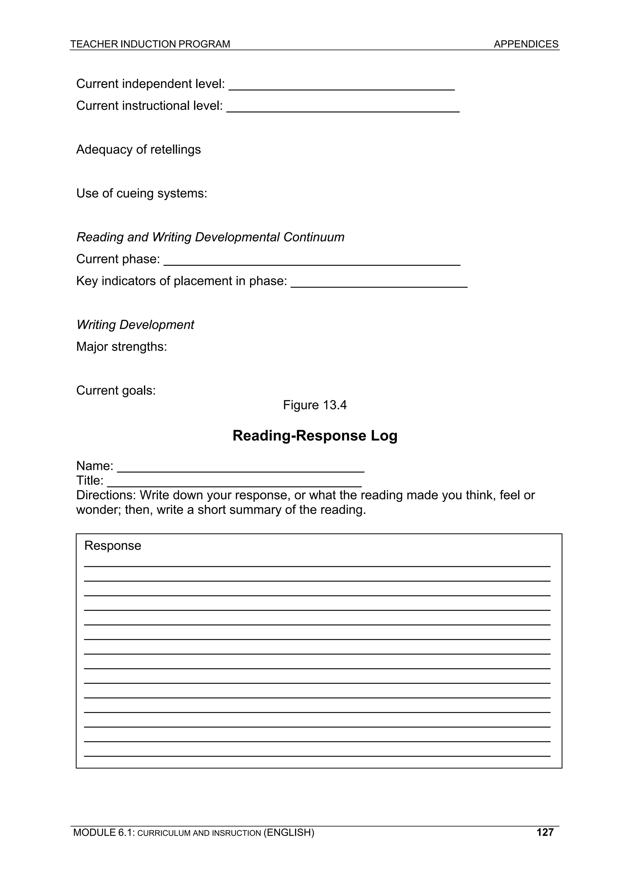 TEACHER INDUCTION PROGRAM APPENDICES 
Current independent level: ________________________________ 
Current instructional level: _________________________________ 
Adequacy of retellings 
Use of cueing systems: 
Reading and Writing Developmental Continuum 
Current phase: __________________________________________ 
Key indicators of placement in phase: _________________________ 
Writing Development 
Major strengths: 
Current goals: 
Figure 13.4 
Reading-Response Log 
Name: ___________________________________ 
Title: ____________________________________ 
Directions: Write down your response, or what the reading made you think, feel or wonder; then, write a short summary of the reading. 
Response 
__________________________________________________________________ __________________________________________________________________ __________________________________________________________________ __________________________________________________________________ __________________________________________________________________ __________________________________________________________________ __________________________________________________________________ __________________________________________________________________ __________________________________________________________________ __________________________________________________________________ __________________________________________________________________ __________________________________________________________________ __________________________________________________________________ __________________________________________________________________ 
MODULE 6.1: CURRICULUM AND INSRUCTION (ENGLISH) 
127 
 