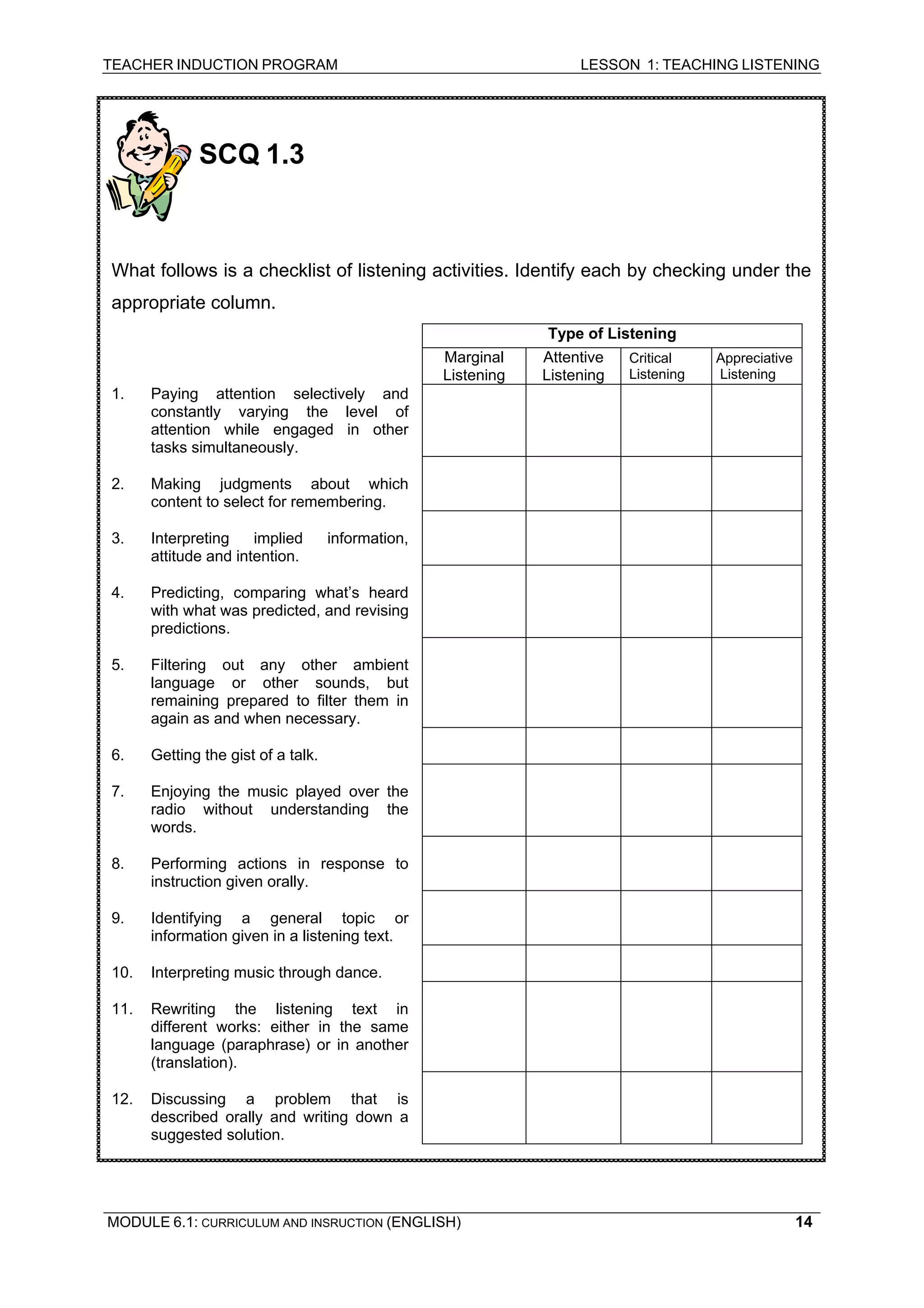 TEACHER INDUCTION PROGRAM LESSON 1: TEACHING LISTENING 
SCQ 1.3 
What follows is a checklist of listening activities. Identify each by checking under the appropriate column. 
Type of Listening 
Marginal 
Attentive 
Critical 
Appreciative 
Listening 
Listening 
Listening 
Listening 
1. 
Paying attention selectively and constantly varying the level of attention while engaged in other tasks simultaneously. 
2. 
Making judgments about which content to select for remembering. 
3. 
Interpreting implied information, attitude and intention. 
4. 
Predicting, comparing what’s heard with what was predicted, and revising predictions. 
5. 
Filtering out any other ambient language or other sounds, but remaining prepared to filter them in again as and when necessary. 
6. 
Getting the gist of a talk. 
7. 
Enjoying the music played over the radio without understanding the words. 
8. 
Performing actions in response to instruction given orally. 
9. 
Identifying a general topic or information given in a listening text. 
10. 
Interpreting music through dance. 
11. 
Rewriting the listening text in different works: either in the same language (paraphrase) or in another (translation). 
12. 
Discussing a problem that is described orally and writing down a suggested solution. 
MODULE 6.1: CURRICULUM AND INSRUCTION (ENGLISH) 
14 
 