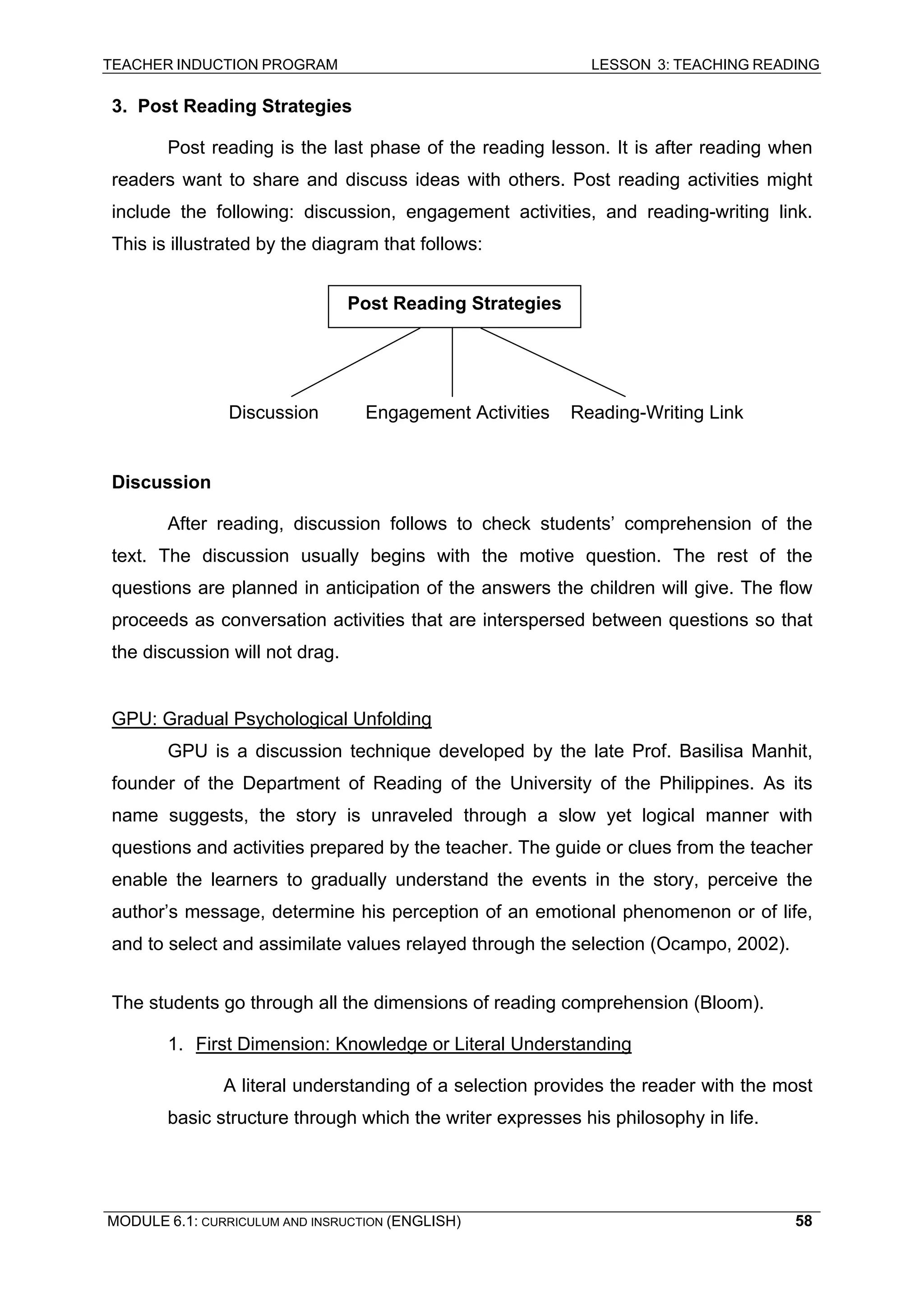 TEACHER INDUCTION PROGRAM LESSON 3: TEACHING READING 
MODULE 6.1: CURRICULUM AND INSRUCTION (ENGLISH) 
58 
3. Post Reading Strategies 
Post reading is the last phase of the reading lesson. It is after reading when readers want to share and discuss ideas with others. Post reading activities might include the following: discussion, engagement activities, and reading-writing link. This is illustrated by the diagram that follows: 
Discussion Engagement Activities Reading-Writing Link 
Discussion 
After reading, discussion follows to check students’ comprehension of the text. The discussion usually begins with the motive question. The rest of the questions are planned in anticipation of the answers the children will give. The flow proceeds as conversation activities that are interspersed between questions so that the discussion will not drag. 
GPU: Gradual Psychological Unfolding 
G 
PU is a discussion technique developed by the late Prof. Basilisa Manhit, founder of the Department of Reading of the University of the Philippines. As its name suggests, the story is unraveled through a slow yet logical manner with questions and activities prepared by the teacher. The guide or clues from the teacher enable the learners to gradually understand the events in the story, perceive the author’s message, determine his perception of an emotional phenomenon or of life, and to select and assimilate values relayed through the selection (Ocampo, 2002). 
The students go through all the dimensions of reading comprehension (Bloom). 
1. First Dimension: Knowledge or Literal Understanding 
A literal understanding of a selection provides the reader with the most basic structure through which the writer expresses his philosophy in life. 
Post Reading Strategies  