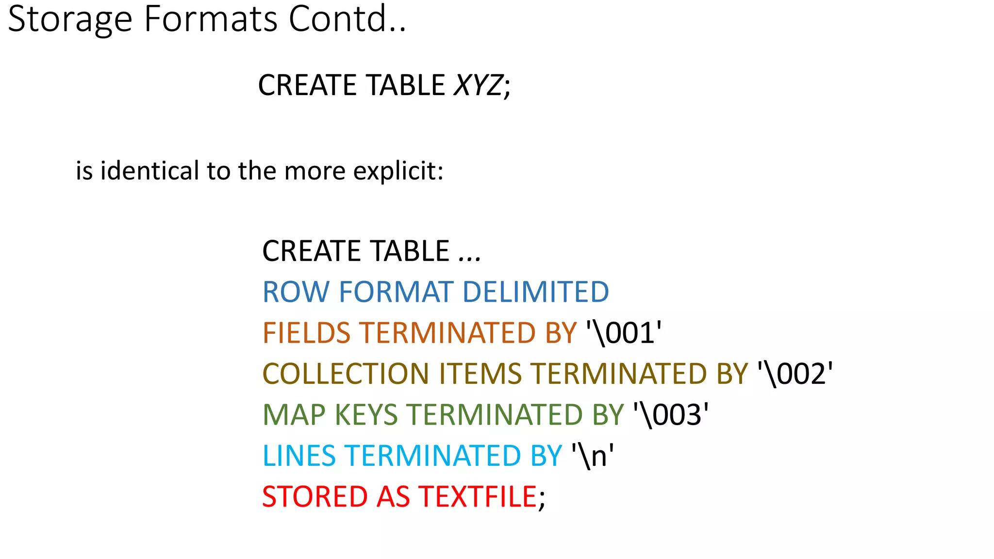 Storage Formats Contd..
CREATE TABLE XYZ;
is identical to the more explicit:
CREATE TABLE ...
ROW FORMAT DELIMITED
FIELDS TERMINATED BY '001'
COLLECTION ITEMS TERMINATED BY '002'
MAP KEYS TERMINATED BY '003'
LINES TERMINATED BY 'n'
STORED AS TEXTFILE;
 