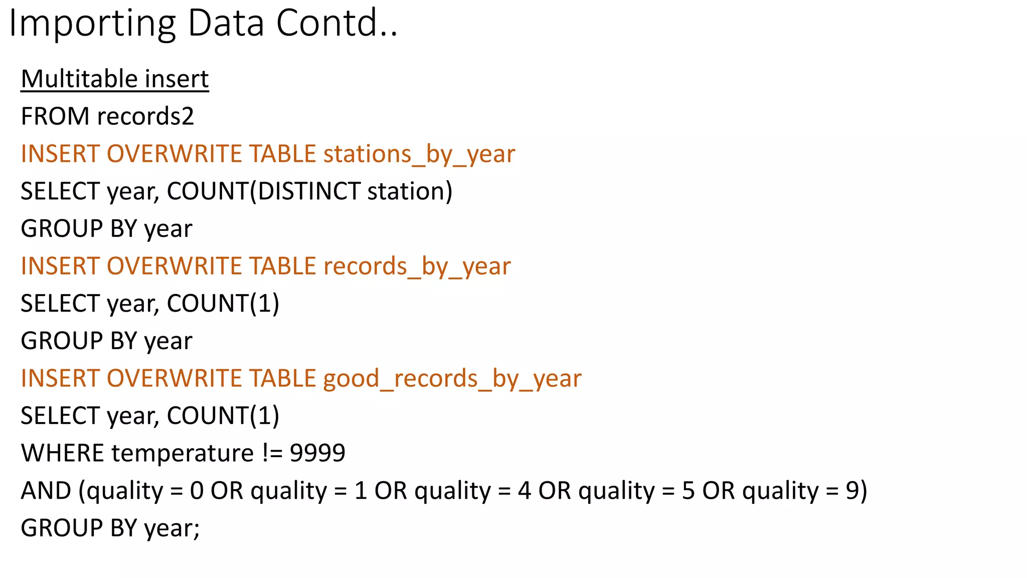 Importing Data Contd..
Multitable insert
FROM records2
INSERT OVERWRITE TABLE stations_by_year
SELECT year, COUNT(DISTINCT station)
GROUP BY year
INSERT OVERWRITE TABLE records_by_year
SELECT year, COUNT(1)
GROUP BY year
INSERT OVERWRITE TABLE good_records_by_year
SELECT year, COUNT(1)
WHERE temperature != 9999
AND (quality = 0 OR quality = 1 OR quality = 4 OR quality = 5 OR quality = 9)
GROUP BY year;
 