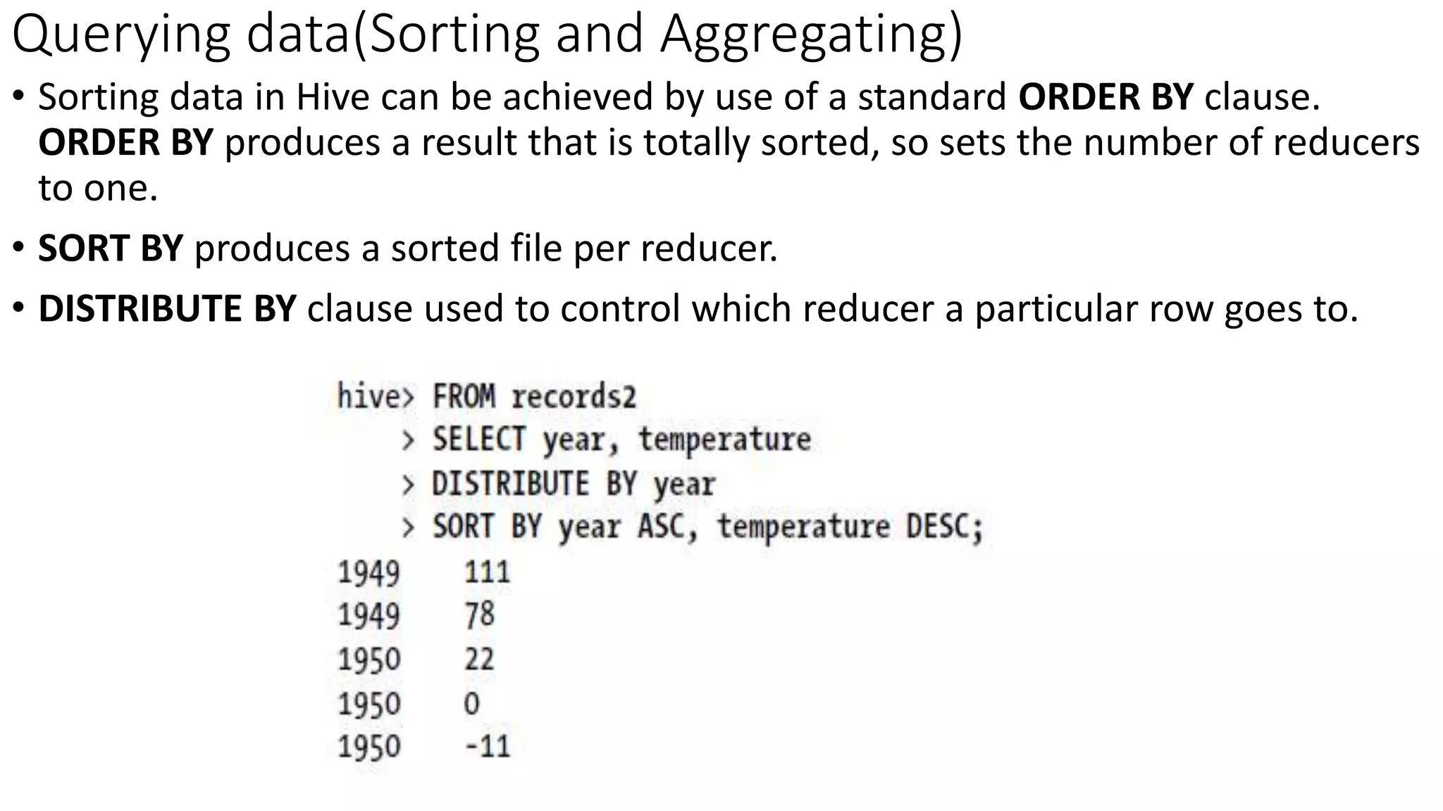 Querying data(Sorting and Aggregating)
• Sorting data in Hive can be achieved by use of a standard ORDER BY clause.
ORDER BY produces a result that is totally sorted, so sets the number of reducers
to one.
• SORT BY produces a sorted file per reducer.
• DISTRIBUTE BY clause used to control which reducer a particular row goes to.
 