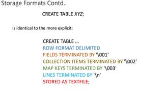 Storage Formats Contd..
CREATE TABLE XYZ;
is identical to the more explicit:
CREATE TABLE ...
ROW FORMAT DELIMITED
FIELDS TERMINATED BY '001'
COLLECTION ITEMS TERMINATED BY '002'
MAP KEYS TERMINATED BY '003'
LINES TERMINATED BY 'n'
STORED AS TEXTFILE;
 
