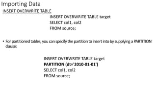 Importing Data
INSERT OVERWRITE TABLE
INSERT OVERWRITE TABLE target
SELECT col1, col2
FROM source;
• Forpartitionedtables,youcanspecifythepartitiontoinsertintobysupplyingaPARTITION
clause:
INSERT OVERWRITE TABLE target
PARTITION (dt='2010-01-01')
SELECT col1, col2
FROM source;
 