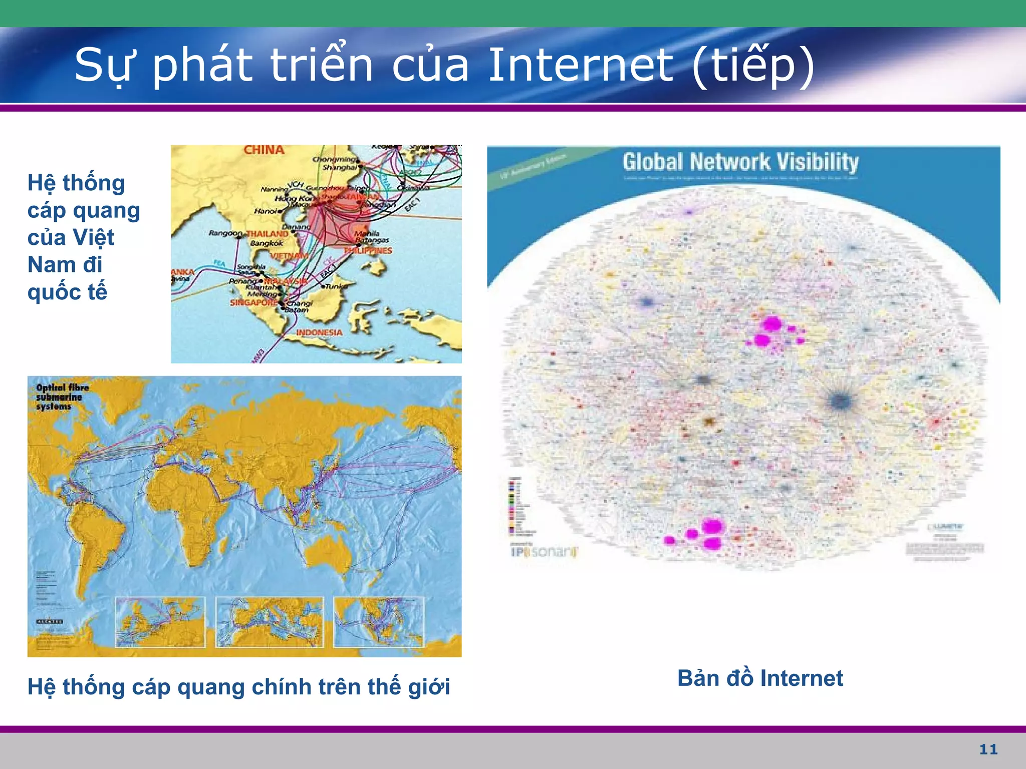 11
Sự phát triển của Internet (tiếp)
Hệ thống
cáp quang
của Việt
Nam đi
quốc tế
Hệ thống cáp quang chính trên thế giới Bản đồ Internet
 
