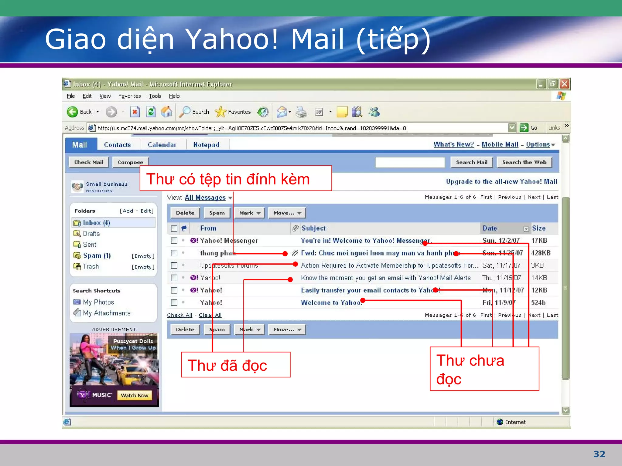 32
Giao diện Yahoo! Mail (tiếp)
Thư chưa
đọc
Thư đã đọc
Thư có tệp tin đính kèm
 