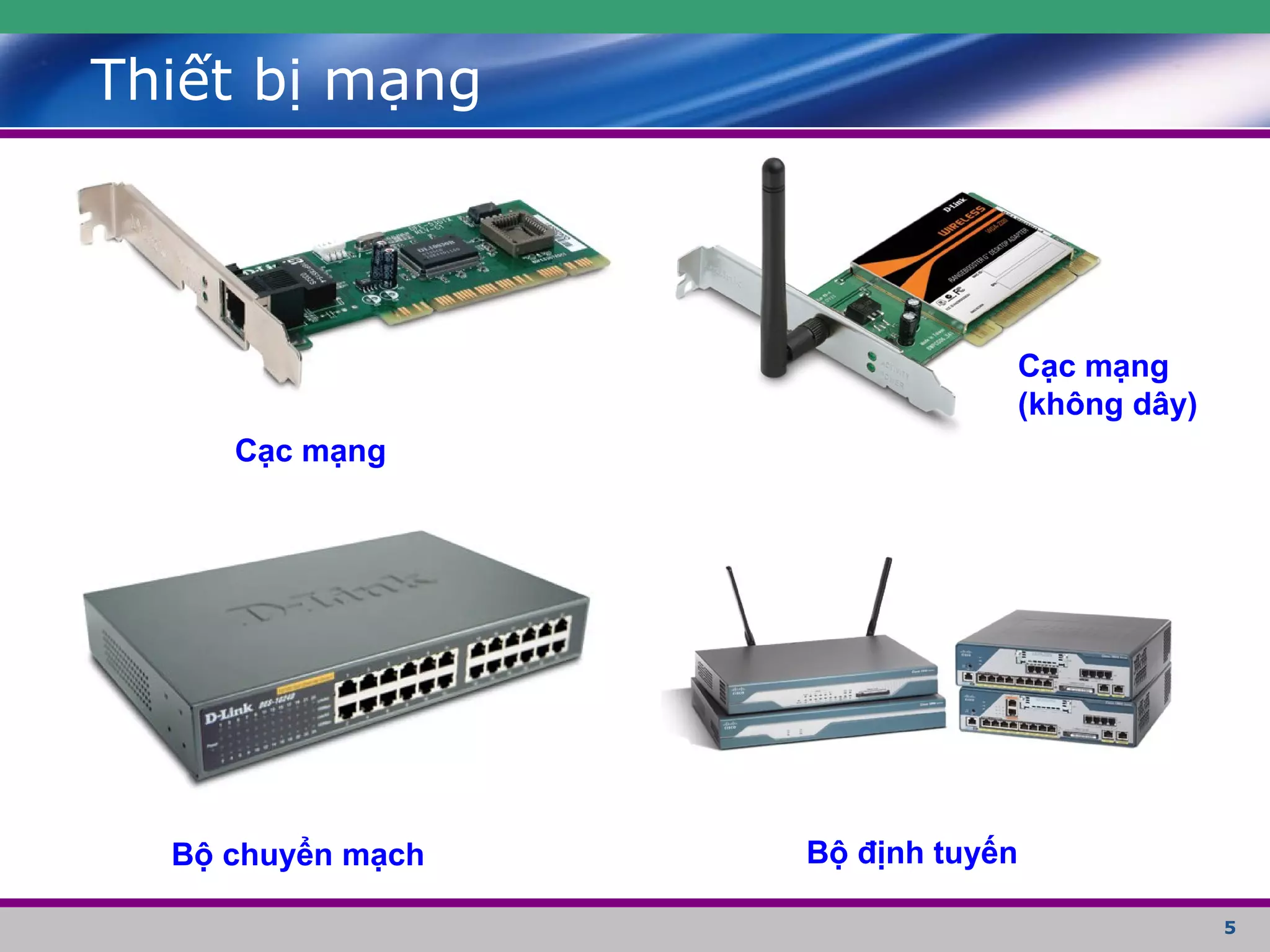 5
Thiết bị mạng
Cạc mạng
Cạc mạng
(không dây)
Bộ chuyển mạch Bộ định tuyến
 
