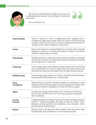 PPST RESOURCE PACKAGE
14
“
We listed some differentiated strategies that you can use
in addressing learners’ gender, needs, strengths, interests and
experiences.
Come and check it out.
Tasks for students to work on independently after assigned work is
completed at a high level of quality. Tasks that a portion of the class can be
working on when the other part of the class is meeting with the teacher to
“sponge” up time without wasting instructional time.
Anchor Activities
Areas in the classroom containing collections of activities and/or materials
designed to reinforce, or to extend certain skills or concepts, or to motivate
students to explore topics of interest.
Centers
Students select from assignments that are placed in pockets and changed
as necessary. Teachers can target student need and readiness by directing
them to select from a certain row.
Choice Boards
A three-stage process where teachers assess students prior to teaching a
unit or skill to determine what the student does know, does not know, and
what alternate experiences will replace those activities already mastered.
Compacting
Temporarily grouping students by interest, achievement level (readiness),
learning profile, activity preference, or special needs.
Flexible Grouping
(Interest Groups & Interest Inventory): Students are introduced to topics
related to something being studied in class and grouped by interests, then
are guided through the investigation of a topic with teacher support.
Group
Investigations
A cooperative strategy where students work with peers who study one
fact of a topic and then return to a “home-base” group for sharing what
they have learned.
Jigsaw
A negotiated agreement between teacher and student which gives students
freedom in acquiring knowledge and skills, provides for student choice,
delineates working conditions, and establishes what information will be
learned and how it will be shared.
Learning
Contracts
Different spots in the classroom where students work with various tasks
simultaneously, which are linked by a set of concepts and skills.
Stations
 