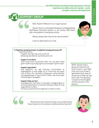 MODULE6
5
Use differentiated, developmentally appropriate learning
experiences to address learners’ gender, needs,
strengths, interests and experiences
“
Hello, Teacher! Welcome to our support group!
Teacher Grace is a 2nd grade Edukasyon sa Pagpapakatao
(EsP/Values Education) teacher. In the excerpt daily lesson
plan, she prepares a small group activity.
Will you please take a look at the excerpt below?
I note my observations as I read.
SUPPORT GROUP
Now that you have read the activity, can you help Teacher
Grace improve on her practice to address learner diversity?
“
NOTE: Teacher Grace
groups the learners into
three: Group 1: I-arte Natin
(Let’s act it out); Group 2:
Iguhit Natin (Let’s draw it);
and Group 3: Mag-rap tayo
(Let’s rap!). This grouping
is based on the strengths
and the interests of the
learners.
E. Pagtalakay ng bagong konsepto at paglalahad ng bagong kasanayan #2
Small Group Activity
Pangkatin ang mga mag-aaral sa tatlo (3).
Ipaliwanag ang nilalaman ng kanilang task card.
Pangkat 1: I-arte Natin!
Tapos nang kumain ang pamilya Udani. Ano ang dapat nilang
gawin? Ipakita ang inyong sagot sa pamamagitan ng dula-dulaan.
Pangkat 2: Iguhit Natin!
Ang pagtatanim ng mga halamang namumulaklak ay
nagpapaganda sa ating paligid. Ito ay maituturing ang biyaya
mula sa Diyos. Ano ang dapat ninyong gawin upang maipakita
ang pagpapahalaga sa mga halaman? Ipakita ang inyong sagot
sa pamamagitan ng pagguhit.
Pangkat 3: Mag-rap Tayo!
Ang pagkakaroon ng maayos na kalusugan at pagiging ligtas sa
anumang kapahamakan ay masasabi ring biyaya. Dapat din itong
ipagpasalamat sa Diyos.
Gumawa ng awit/chant/tula tungkol dito at ipakita sa klase.
 