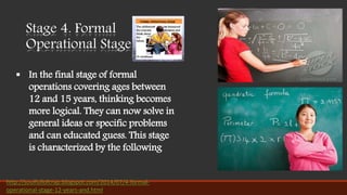 Stage 4. Formal
Operational Stage
 In the final stage of formal
operations covering ages between
12 and 15 years, thinking becomes
more logical. They can now solve in
general ideas or specific problems
and can educated guess. This stage
is characterized by the following
http://soulfullofcrap.blogspot.com/2014/07/4-formal-
operational-stage-12-years-and.html
 