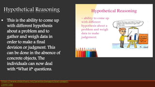 Hypothetical Reasoning
 This is the ability to come up
with different hypothesis
about a problem and to
gather and weigh data in
order to make a final
devision or judgment. This
can be done in the absence of
concrete objects, The
individuals can now deal
with “What if” questions.
https://www.slideshare.net/janettecbalagot/jean-piaget-
23997280
 