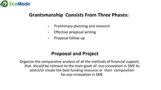 Grantsmanship Consists From Three Phases:
• Preliminary planning and research
• Effective proposal writing
• Proposal follow-up
Organize the comparative analysis of all the methods of financial support,
that should be relevant to the main goals of eco-innovation in SME to
select/or create the best funding resource or their composition
for eco-innovation in SME
Proposal and Project
 