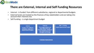 • Internal - is funded from different subsidiaries, regional or departmental budgets
• External funds are treated as the finances of key stakeholders and are taking into
account their interests too
• Self-Funding – is single department budget
There are External, Internal and Self Funding Resources
 