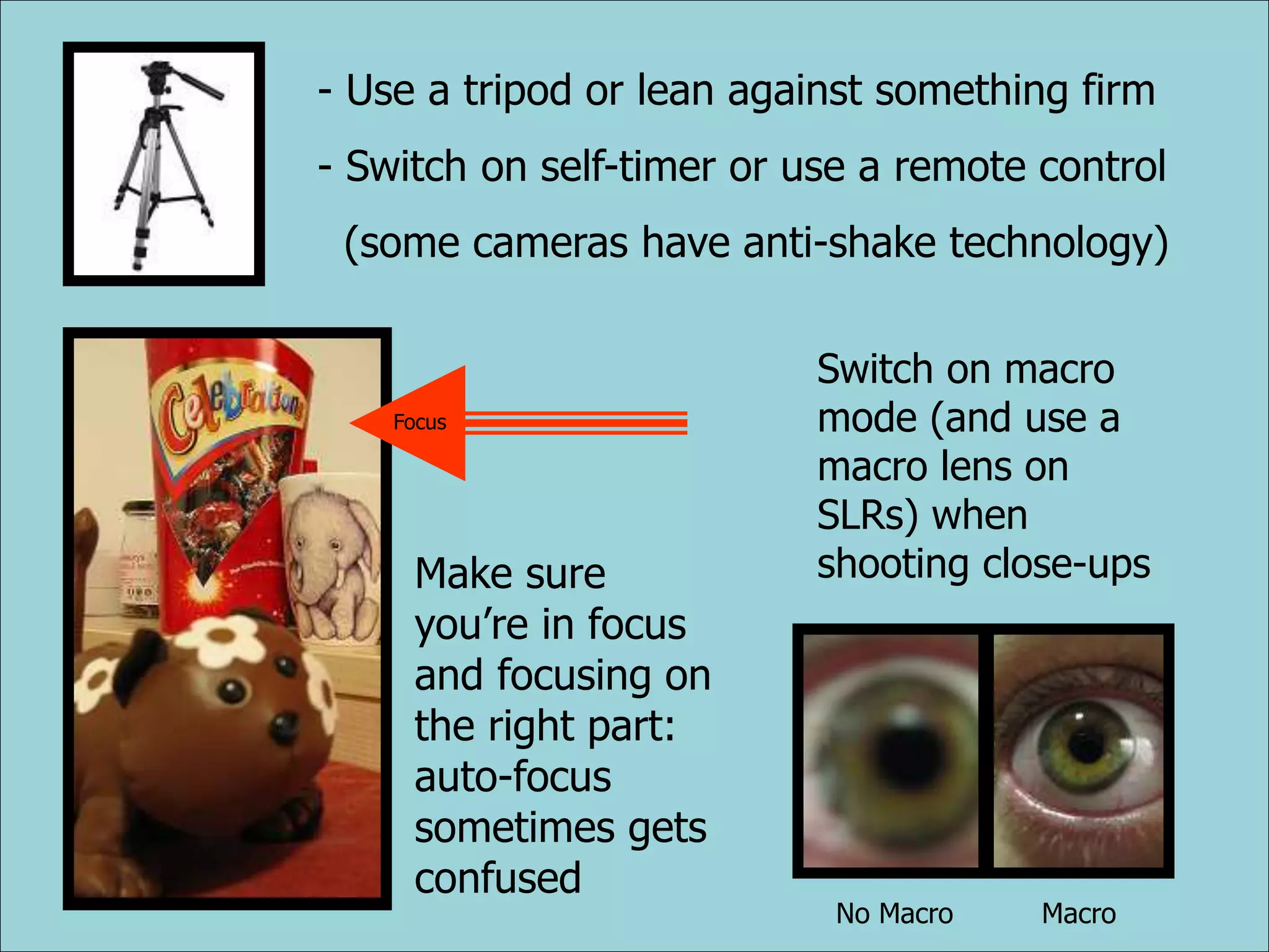 - Use a tripod or lean against something firm
- Switch on self-timer or use a remote control
(some cameras have anti-shake technology)
No Macro Macro
Make sure
you’re in focus
and focusing on
the right part:
auto-focus
sometimes gets
confused
Switch on macro
mode (and use a
macro lens on
SLRs) when
shooting close-ups
Focus
 