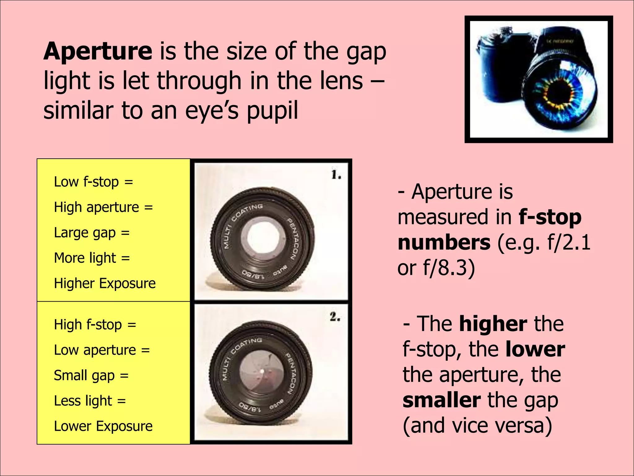 Aperture is the size of the gap
light is let through in the lens –
similar to an eye’s pupil
High f-stop =
Low aperture =
Small gap =
Less light =
Lower Exposure
Low f-stop =
High aperture =
Large gap =
More light =
Higher Exposure
- Aperture is
measured in f-stop
numbers (e.g. f/2.1
or f/8.3)
- The higher the
f-stop, the lower
the aperture, the
smaller the gap
(and vice versa)
 