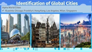 Identification of Global Cities
11
Alpha World Cities
 10 points: Chicago, Frankfurt, Hong Kong, Los Angeles, Milan, Singapore
 