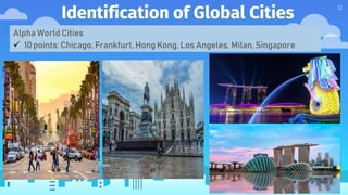 Identification of Global Cities
12
Alpha World Cities
 10 points: Chicago, Frankfurt, Hong Kong, Los Angeles, Milan, Singapore
 
