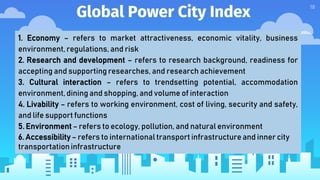 Global Power City Index
18
1. Economy – refers to market attractiveness, economic vitality, business
environment, regulations, and risk
2. Research and development – refers to research background, readiness for
accepting and supporting researches, and research achievement
3. Cultural interaction – refers to trendsetting potential, accommodation
environment, dining and shopping, and volume of interaction
4. Livability – refers to working environment, cost of living, security and safety,
and life support functions
5. Environment – refers to ecology, pollution, and natural environment
6. Accessibility – refers to international transport infrastructure and inner city
transportationinfrastructure
 