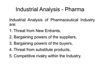 Industrial Analysis - Pharma
Industrial Analysis of Pharmaceutical Industry
are:
1. Threat from New Entrants,
2. Bargaining powers of the suppliers,
3. Bargaining powers of the buyers,
4. Threat from substitute products,
5. Competitive rivalry within the Industry.
 