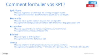 Confidential + Proprietary
Spécifique :
Mauvais: augmenter la satisfaction des clients par rapport au site
Ok: augmenter le nombre de commentaires positifs sur le site de 20%
Mesurable :
Mauvais: est-ce que les visiteurs trouvent mon site agréable
Ok: augmenter le temps passé sur le site de 30% et le nombre de pages vues de 50%
Acceptable
Mauvais: supprimer tout le trafic qui ne génère aucune commande
Ok: augmenter les visites qualifiées de 50%
Réaliste
Mauvais: tripler le chiffre d’affaire
Ok: augmenter le chiffre d’affaire de 50%
Temps
Mauvais: améliorer le référencement naturel pour l’année prochaine
Ok: augmenter les positions SEO du 1er trimestre 2016 par rapport au 1er trimestre 2015 de 20%
Comment formuler vos KPI ?
 