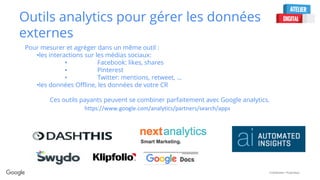 Confidential + Proprietary
Outils analytics pour gérer les données
externes
https://www.google.com/analytics/partners/search/apps
Pour mesurer et agréger dans un même outil :
•les interactions sur les médias sociaux:
• Facebook: likes, shares
• Pinterest
• Twitter: mentions, retweet, …
•les données Offline, les données de votre CR
Ces outils payants peuvent se combiner parfaitement avec Google analytics.
 