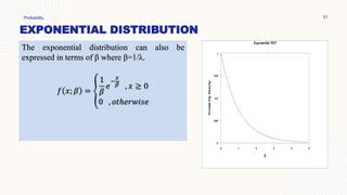 EXPONENTIAL DISTRIBUTION
Probability 51
The exponential distribution can also be
expressed in terms of β where β=1/λ.
𝑓 𝑥; 𝛽 = ൞
1
𝛽
𝑒
−
𝑥
𝛽 , 𝑥 ≥ 0
0 , 𝑜𝑡ℎ𝑒𝑟𝑤𝑖𝑠𝑒
 