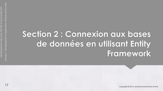 Module 6 - Développement d’Applications de Bases de Données
Développement web avec ASP.NET et Visual Studio 2012




                                                                                                                     Section 2 : Connexion aux bases
                                                                                                                        de données en utilisant Entity
                                                                                                                                          Framework


                                                                    17                                                                       Copyright © 2013, Mostefai Mohammed Amine
 