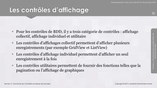 Développement web avec ASP.NET et Visual Studio 2012




      Les contrôles d’affichage                                                                                   30




         Pour les contrôles de BDD, il y a trois catégorie de contrôles : affichage




                                                                                                                  Module 6 - Développement d’Applications de
          collectif, affichage individuel et utilitaire
         Les contrôles d’affichages collectif permettent d’afficher plusieurs




                                                                                                                               Bases de Données
          enregistrements (par exemple GridView et ListView)
         Les contrôles d’affichage individuel permettent d’afficher un seul
          enregistrement à la fois
         Les contrôles utilitaires permettent de fournir des fonctions telles que la
          pagination ou l’affichage de graphiques


Section 3 : Connecter les Contrôles aux Bases de Données               Copyright © 2013, Mostefai Mohammed Amine
 