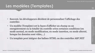 Développement web avec ASP.NET et Visual Studio 2012




      Les modèles (Templates)                                                                                  32




         Souvent, les développeurs décident de personnaliser l’affichage des




                                                                                                               Module 6 - Développement d’Applications de
          contrôles
         Un modèle (Template) est la façon d’afficher un champ ou un




                                                                                                                            Bases de Données
          enregistrement ou la totalité du contrôle selon certaines conditions (en
          mode normal, en mode modification, en mode insertion, en mode alterné,
          lorsque les données sont vides,…)
         Un template peut intégrer des balises HTML ou des contrôles ASP.NET



Section 3 : Connecter les Contrôles aux Bases de Données            Copyright © 2013, Mostefai Mohammed Amine
 