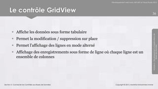 Développement web avec ASP.NET et Visual Studio 2012




      Le contrôle GridView                                                                                     36




         Affiche les données sous forme tabulaire




                                                                                                               Module 6 - Développement d’Applications de
         Permet la modification / suppression sur place
         Permet l’affichage des lignes en mode alterné




                                                                                                                            Bases de Données
         Affichage des enregistrements sous forme de ligne où chaque ligne est un
          ensemble de colonnes




Section 3 : Connecter les Contrôles aux Bases de Données            Copyright © 2013, Mostefai Mohammed Amine
 