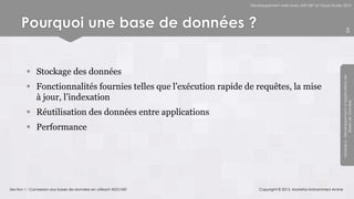 Développement web avec ASP.NET et Visual Studio 2012




      Pourquoi une base de données ?                                                                                          5




         Stockage des données




                                                                                                                 Module 6 - Développement d’Applications de
         Fonctionnalités fournies telles que l’exécution rapide de requêtes, la mise
          à jour, l’indexation




                                                                                                                              Bases de Données
         Réutilisation des données entre applications
         Performance




Section 1 : Connexion aux bases de données en utilisant ADO.NET       Copyright © 2013, Mostefai Mohammed Amine
 