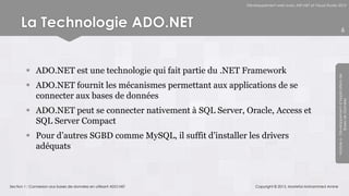 Développement web avec ASP.NET et Visual Studio 2012




      La Technologie ADO.NET                                                                                                  6




         ADO.NET est une technologie qui fait partie du .NET Framework




                                                                                                                 Module 6 - Développement d’Applications de
         ADO.NET fournit les mécanismes permettant aux applications de se
          connecter aux bases de données




                                                                                                                              Bases de Données
         ADO.NET peut se connecter nativement à SQL Server, Oracle, Access et
          SQL Server Compact
         Pour d’autres SGBD comme MySQL, il suffit d’installer les drivers
          adéquats



Section 1 : Connexion aux bases de données en utilisant ADO.NET       Copyright © 2013, Mostefai Mohammed Amine
 