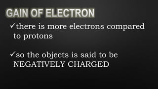 there is more electrons compared
to protons
so the objects is said to be
NEGATIVELY CHARGED
 