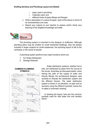 Drafting Sanitary and Plumbing Layout and Details
297
o pipes used in plumbing;
o materials used; and
o different kinds of pipes fittings and flanges.
 Write a description in a piece of paper, each of the above in terms of
its characteristics and uses.
 Report your outputs to your teacher to assess and/or check your
learning of the targeted knowledge and skills.
The plumbing system is important to the designer or draftsman. Although
plumbing plans may be omitted on small residential dwellings, they are always
included in larger projects for small residences; the plumbing layout is left to the
contractor or the owner to decide.
A plumbing system performs two major functions which are:
1. For Water Distribution
2. Sewage Disposal
Water distribution systems, whether hot or
cold, are distributed by pipes from the source to
the house. Amenities as discussed earlier, when
tracing the path of the supply of water and
fixtures fittings, the architectural designer uses
symbols to indicate the distribution system and
the different fixtures. The water distribution
system is shown in an elevation, on plan and on
isometric using the different symbols, hence this
is called a schematic drawing.
In drawing the layout, here are the common
symbols used for cold water line and sanitary
layout.
Know
COMMON PLUMBING
SYMBOLS
 