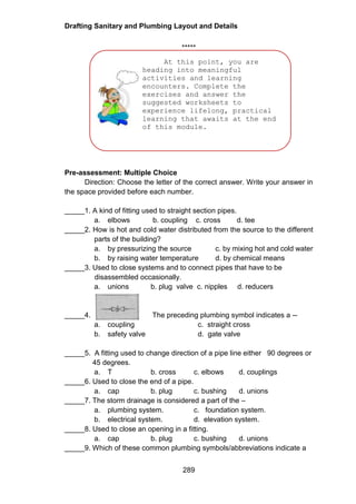 Drafting Sanitary and Plumbing Layout and Details
289
At this point, you are
heading into meaningful
activities and learning
encounters. Complete the
exercises and answer the
suggested worksheets to
experience lifelong, practical
learning that awaits at the end
of this module.
ENJOY YOUR JOURNEY!
*****
Pre-assessment: Multiple Choice
Direction: Choose the letter of the correct answer. Write your answer in
the space provided before each number.
_____1. A kind of fitting used to straight section pipes.
a. elbows b. coupling c. cross d. tee
_____2. How is hot and cold water distributed from the source to the different
parts of the building?
a. by pressurizing the source c. by mixing hot and cold water
b. by raising water temperature d. by chemical means
_____3. Used to close systems and to connect pipes that have to be
disassembled occasionally.
a. unions b. plug valve c. nipples d. reducers
_____4. The preceding plumbing symbol indicates a --
a. coupling c. straight cross
b. safety valve d. gate valve
_____5. A fitting used to change direction of a pipe line either 90 degrees or
45 degrees.
a. T b. cross c. elbows d. couplings
_____6. Used to close the end of a pipe.
a. cap b. plug c. bushing d. unions
_____7. The storm drainage is considered a part of the –
a. plumbing system. c. foundation system.
b. electrical system. d. elevation system.
_____8. Used to close an opening in a fitting.
a. cap b. plug c. bushing d. unions
_____9. Which of these common plumbing symbols/abbreviations indicate a
 