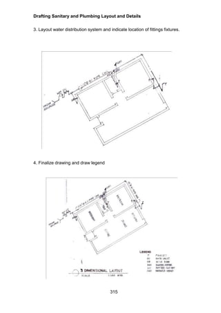 Drafting Sanitary and Plumbing Layout and Details
315
3. Layout water distribution system and indicate location of fittings fixtures.
4. Finalize drawing and draw legend
 