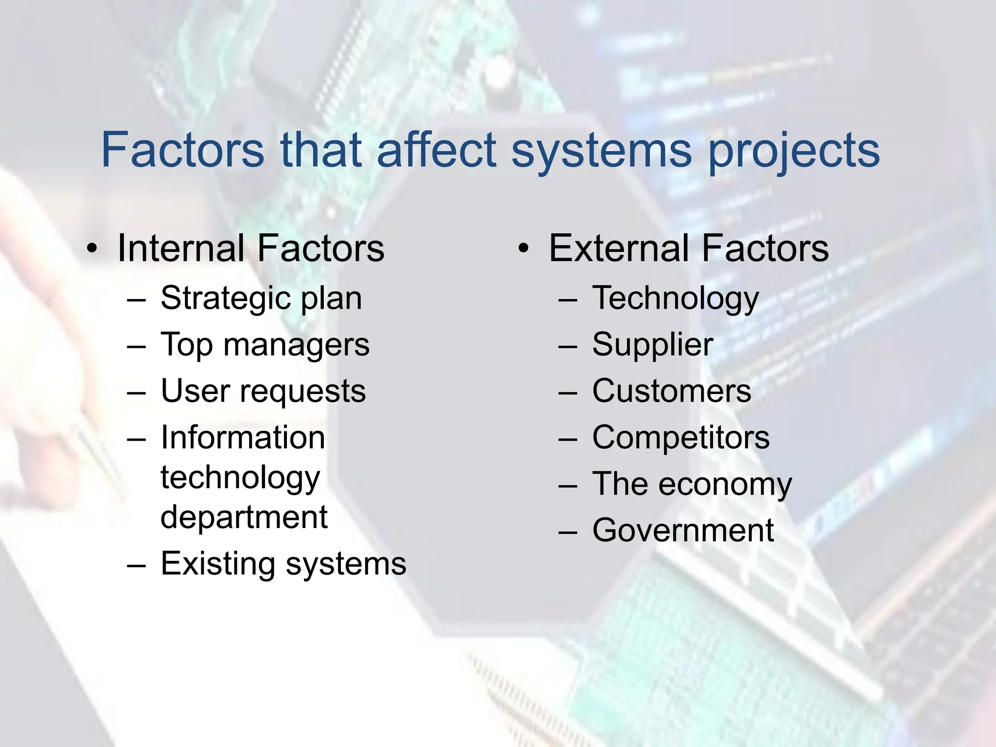 Factors that affect systems projects
• Internal Factors
– Strategic plan
– Top managers
– User requests
– Information
technology
department
– Existing systems
• External Factors
– Technology
– Supplier
– Customers
– Competitors
– The economy
– Government
 