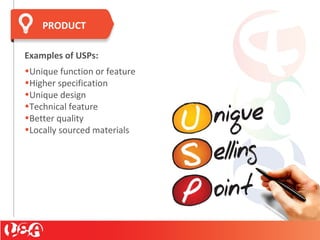 Examples of USPs:
•Unique function or feature
•Higher specification
•Unique design
•Technical feature
•Better quality
•Locally sourced materials
PRODUCT
 
