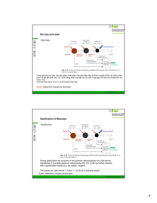 HTW –UT/RE

Khí hóa sinh khối
Giới thiệu

Trong quá trình khí hóa, các sản phẩm nhiệt phân của một nhiên liệu sẽ được chuyển thành các thành phần
là khí có thể đốt cháy (H2, CO, CH4) bằng phản ứng tiếp nối với một trung gian khí hóa (như không khí, hơi
nước, ô xi)
Tỷ lệ khí thừa sẽ là >0 và <1 (0.25 là giá trị thực tế)
Source: Kaltschmitt, Energie aus Biomasse
GIZ Training RE Vietnam_Dec. 2013 - 11

HTW –UT/RE

Gasification of Biomass
Introduction

During gasification the products of the pyrolytic decomposition of a fuel will be
transferred in burnable gaseous components (H2, CO, CH4) by further reaction
with a gasification media (e.g. air, steam, oxygen).
The excess air ratio will be > 0 and < 1 (0.25 as a practical value)
Quelle: Kaltschmitt, Energie aus Biomasse
GIZ Training RE Vietnam_Dec. 2013 - 12

6

 