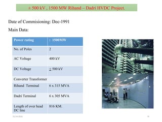 01/24/2026 39
± 500 kV , 1500 MW Rihand – Dadri HVDC Project.
Date of Commisioning: Dec-1991
Main Data:
Power rating : 1500MW
No. of Poles 2
AC Voltage 400 kV
DC Voltage + 500 kV
Converter Transformer
Rihand Terminal 6 x 315 MVA
Dadri Terminal 6 x 305 MVA
Length of over head
DC line
816 KM.
 