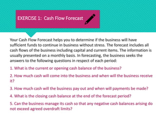 EXERCISE 1: Cash Flow Forecast
Your Cash Flow Forecast helps you to determine if the business will have
sufficient funds to continue in business without stress. The forecast includes all
cash flows of the business including capital and current items. The information is
usually presented on a monthly basis. In forecasting, the business seeks the
answers to the following questions in respect of each period:
1. What is the current or opening cash balance of the business?
2. How much cash will come into the business and when will the business receive
it?
3. How much cash will the business pay out and when will payments be made?
4. What is the closing cash balance at the end of the forecast period?
5. Can the business manage its cash so that any negative cash balances arising do
not exceed agreed overdraft limits?
 