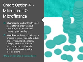 Credit Option 4 -
Microcredit &
Microfinance
 Microcredit usually refers to small
loans offered, often without
collateral, to an individual or
through group lending.
 Microfinance, however, refers to a
broader range of financial products
and services, including loans,
savings, insurance, transfer
services and other financial
instruments targeted at low-
income clients.
(More on this later in the module!)
 