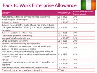Category Annual limit, €
Minimum contribution
from applicant
Accountancy and related services including legal advice Up to €500 20%
Advertising and marketing aids Up to €500 20%
Business equipment Up to €1,000 20%
Business mentoring (this can be offered free or at a reduced
rate by Local Enterprise Officers (LEOs) or local development
companies
Up to €250 20%
Business registration costs and fees Up to €250 20%
Compliance, guidance and training Up to €250 20%
Job-specific tools and equipment Up to €1,000 20%
Office supplies and stationery Up to €250 20%
Personal protective clothing and equipment Up to €250 20%
Public liability insurance costs associated with setting up a
business - no other insurance is eligible
Up to €1,000 20%
Short-term training on book-keeping, regulation, rollout of
business plan, start-your-own-business and courses of training
related to the start-up
Up to €250 20%
Signage Up to €500 20%
Upgrading to premises where the premises is owned by the
applicant
Up to €1,000 20%
Website registration, related services and production Up to €500 20%
Combination of above in any 24-month period €2,500
Back to Work Enterprise Allowance
 