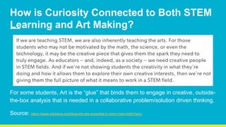 How is Curiosity Connected to Both STEM
Learning and Art Making?
For some students, Art is the “glue” that binds them to engage in creative, outside-
the-box analysis that is needed in a collaborative problem/solution driven thinking.
Source: https://www.edutopia.org/blog/arts-are-essential-in-stem-mary-beth-hertz
 