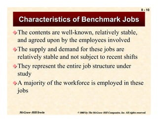 8 - 10


  Characteristics of Benchmark Jobs
! The contents are well-known, relatively stable,
  and agreed upon by the employees involved
! The supply and demand for these jobs are
  relatively stable and not subject to recent shifts
! They represent the entire job structure under
  study
! A majority of the workforce is employed in these
  jobs


  McGraw-Hill/Irwin      © 2002 by The McGraw-Hill Companies, Inc. All rights reserved.
 