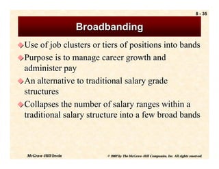 8 - 35


                      Broadbanding
! Use of job clusters or tiers of positions into bands
! Purpose is to manage career growth and
  administer pay
! An alternative to traditional salary grade
  structures
! Collapses the number of salary ranges within a
  traditional salary structure into a few broad bands



  McGraw-Hill/Irwin        © 2002 by The McGraw-Hill Companies, Inc. All rights reserved.
 
