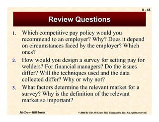 8 - 45


                         Review Questions
1. Which competitive pay policy would you
   recommend to an employer? Why? Does it depend
   on circumstances faced by the employer? Which
   ones?
2. How would you design a survey for setting pay for
   welders? For financial managers? Do the issues
   differ? Will the techniques used and the data
   collected differ? Why or why not?
3. What factors determine the relevant market for a
   survey? Why is the definition of the relevant
   market so important?
     McGraw-Hill/Irwin          © 2002 by The McGraw-Hill Companies, Inc. All rights reserved.
 