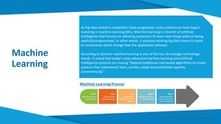 Machine
Learning
As big data analytics capabilities have progressed, some enterprises have begun
investing in machine learning (ML). Machine learning is a branch of artificial
intelligence that focuses on allowing computers to learn new things without being
explicitly programmed. In other words, it analyzes existing big data stores to come
to conclusions which change how the application behaves.
According to Gartner machine learning is one of the top 10 strategic technology
trends. It noted that today's most advanced machine learning and artificial
intelligence systems are moving "beyond traditional rule-based algorithms to create
systems that understand, learn, predict, adapt and potentially operate
autonomously."
Machine Learning Process
Smart Data Smart Region | www.smartdata.how
 