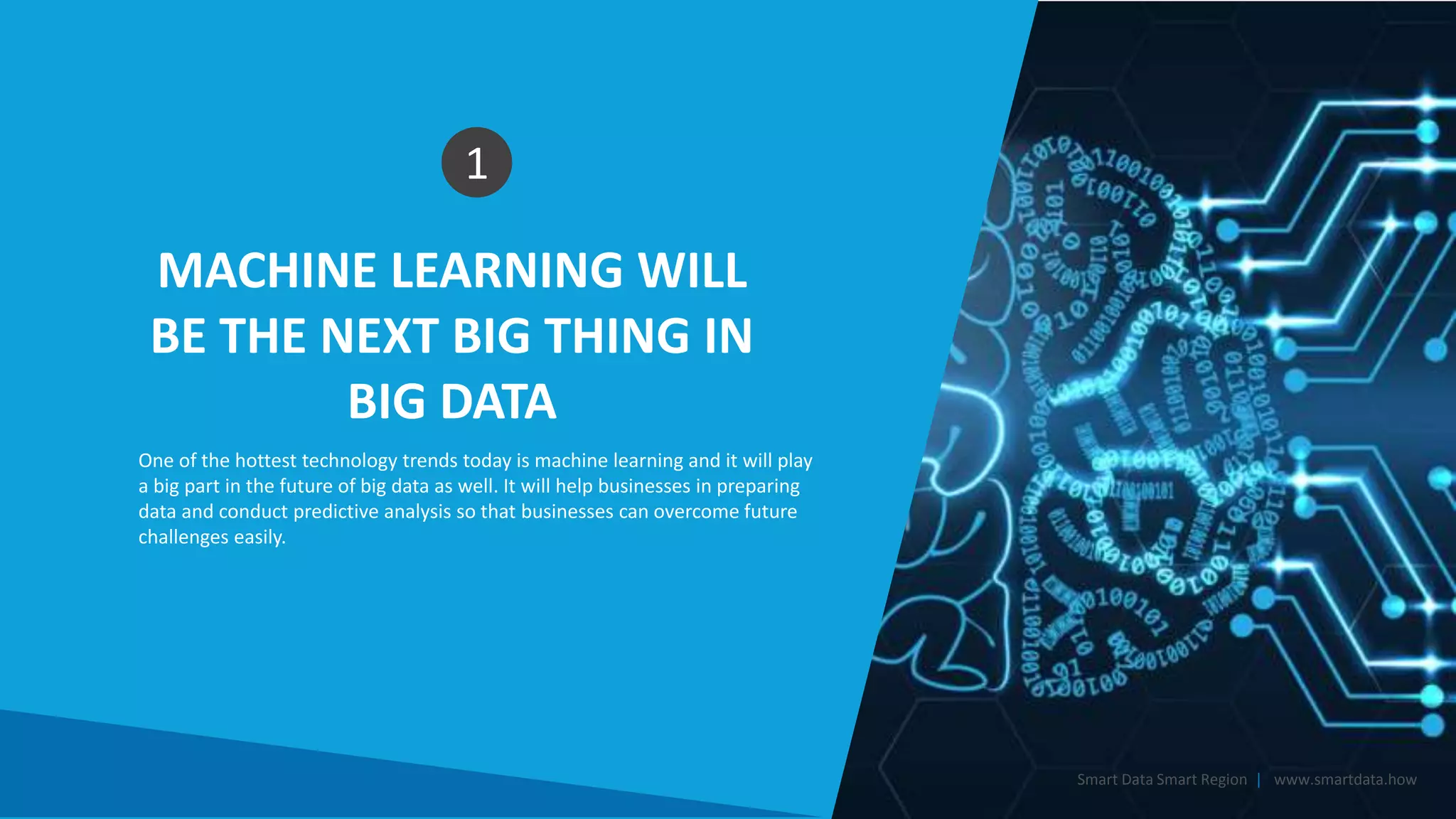 MACHINE LEARNING WILL
BE THE NEXT BIG THING IN
BIG DATA
1
One of the hottest technology trends today is machine learning and it will play
a big part in the future of big data as well. It will help businesses in preparing
data and conduct predictive analysis so that businesses can overcome future
challenges easily.
Smart Data Smart Region | www.smartdata.how
 